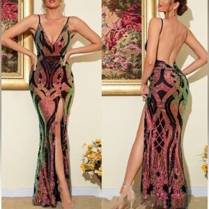 Luxe slit thigh backless party formal evening gown dressq